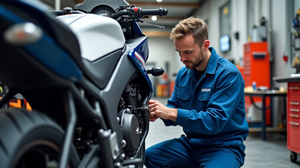 Mécanicien en train de remplacer un kit chaîne sur une moto Suzuki en atelier
