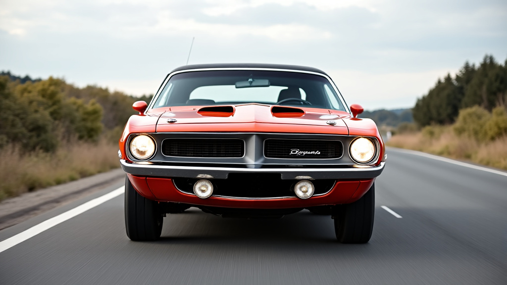 Plymouth Barracuda 1970 en coupe, vue de face sur une route ouverte