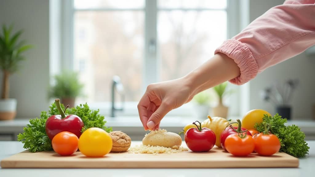 Alt: Main qui pose une pomme de terre sur un plan de travail avec légumes frais autour.