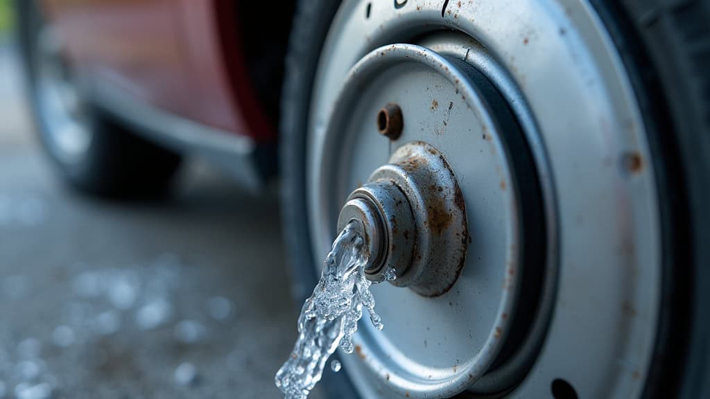 Test d’étanchéité d’un pneu avec de l’eau savonneuse, des bulles visibles à la base de la valve