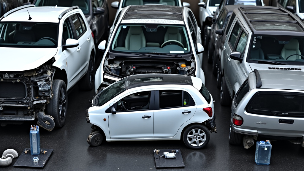 Un amas de pièces automobiles recyclées et triées, montrant des métaux, plastiques et pneus, illustrant le processus de dépollution et de recyclage après l