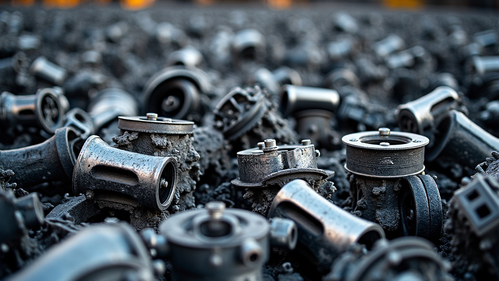 Un amas de pièces automobiles triées, dont des jantes, des blocs moteur et des câbles, en attente de recyclage dans un centre VHU.