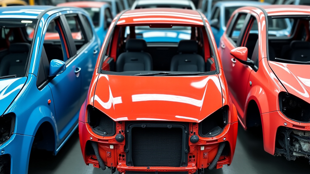 Un amoncellement de carcasses de voitures colorées dans un centre de recyclage, symbolisant le processus de valorisation des véhicules hors d