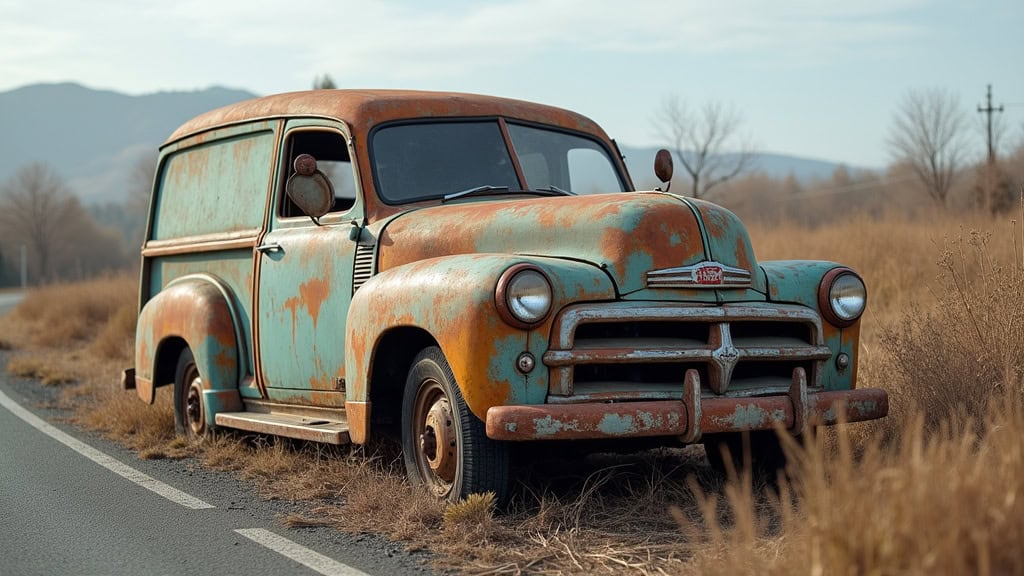 Panne auto ancienne abandonnée sur route isolée.