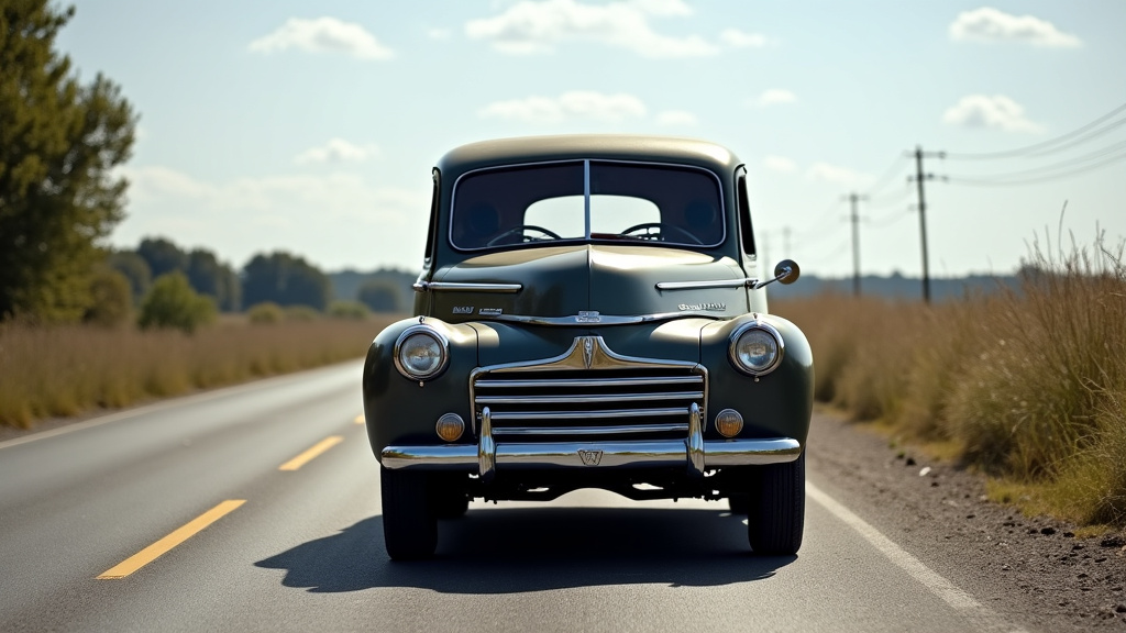 Un ancien véhicule automobile rouillé, de couleur sombre, est tiré par une dépanneuse moderne sur une route de campagne sous un ciel clair. L