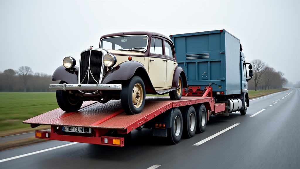 Un ancien véhicule rouillé et accidenté en cours de chargement sécurisé sur un camion de remorquage spécialisé. Un épaviste professionnel supervise l