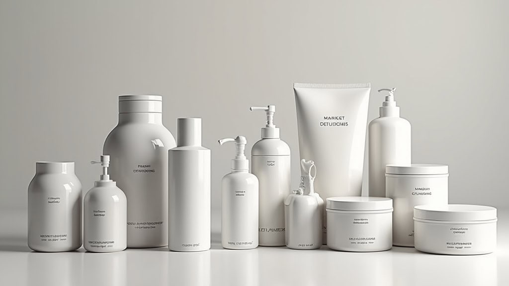 Alt text : Collection de flacons et pots de produits de beauté blancs minimalistes.