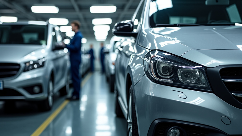 Un atelier de recyclage automobile moderne et propre, montrant des techniciens effectuant la dépollution et le démontage des pièces de véhicules hors d