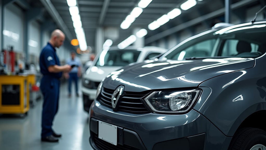 Un atelier moderne et organisé montrant des pièces automobiles triées pour le recyclage, avec un employé vérifiant la qualité.