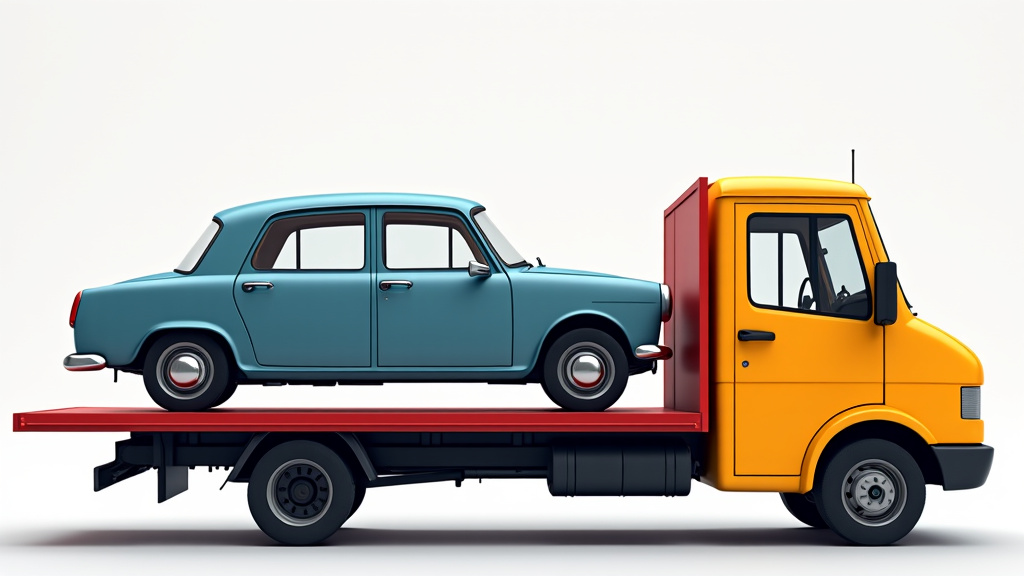 Un camion de dépannage, aux couleurs neutres et professionnelles, charge une vieille voiture hors d