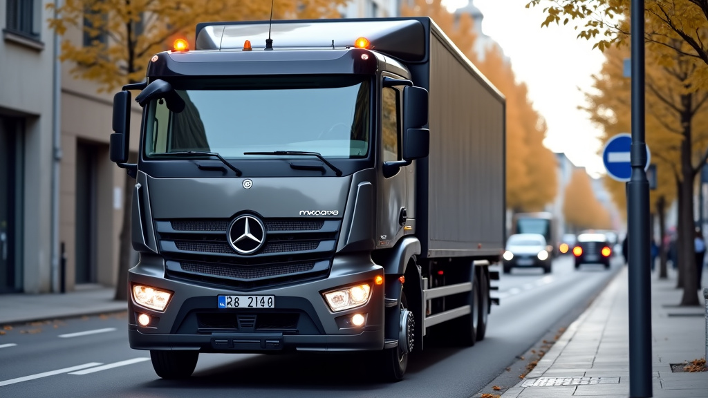 Un camion de dépannage moderne de couleur sombre, avec des gyrophares orange, roulant dans une rue de ville par temps ensoleillé, prêt à intervenir.