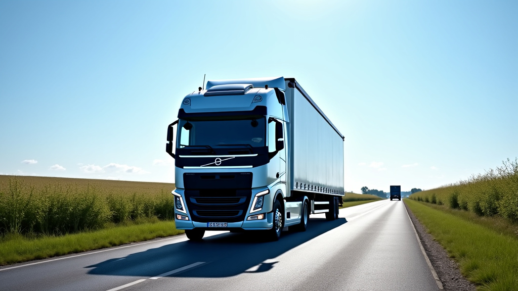 Un camion de dépannage moderne remorquant une épave de voiture rouillée sur une route de campagne, avec des champs en arrière-plan sous un ciel bleu clair.