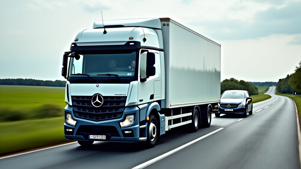 Un camion de dépannage moderne remorquant une épave de voiture sur une route de campagne près de Prouvais. Le véhicule est soigneusement attaché, soulignant le professionnalisme de l