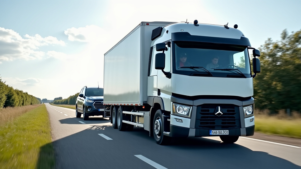 Un camion de dépannage moderne remorquant une voiture sur une route de campagne, montrant l