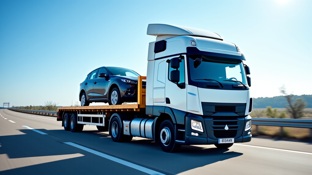 Un camion de dépannage moderne transportant une carcasse de voiture compactée vers un centre de recyclage, sous un ciel bleu. La scène illustre la phase finale de l