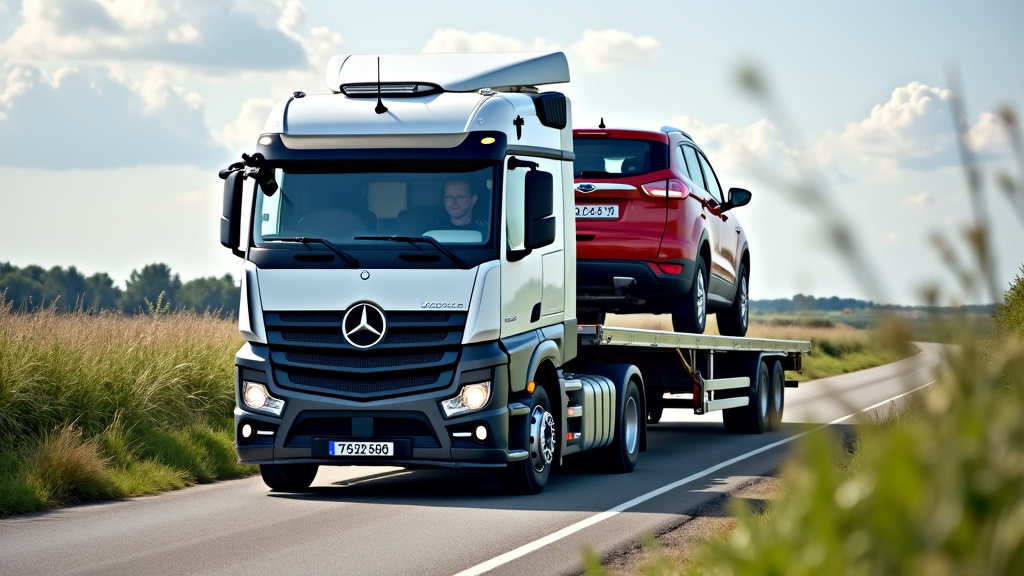 Un camion de dépannage professionnel en train de charger une épave de voiture rouillée sur sa plateforme. La scène se déroule dans un cadre rural verdoyant, illustrant l