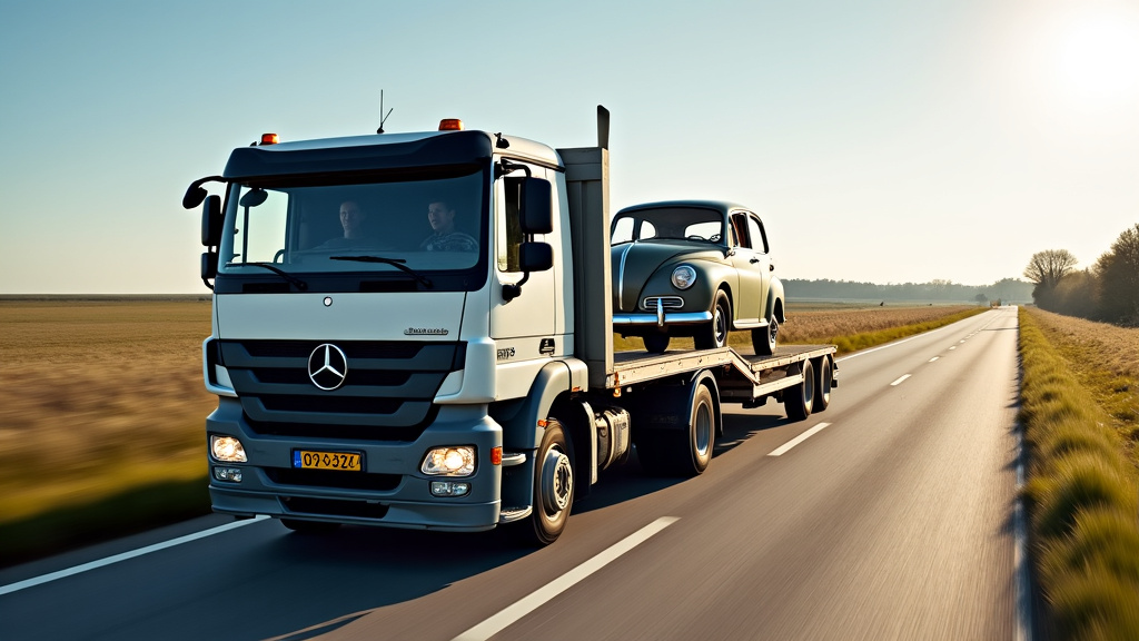 Un camion de dépannage remorque une voiture ancienne sur une route de campagne dans le Nord, illustrant l