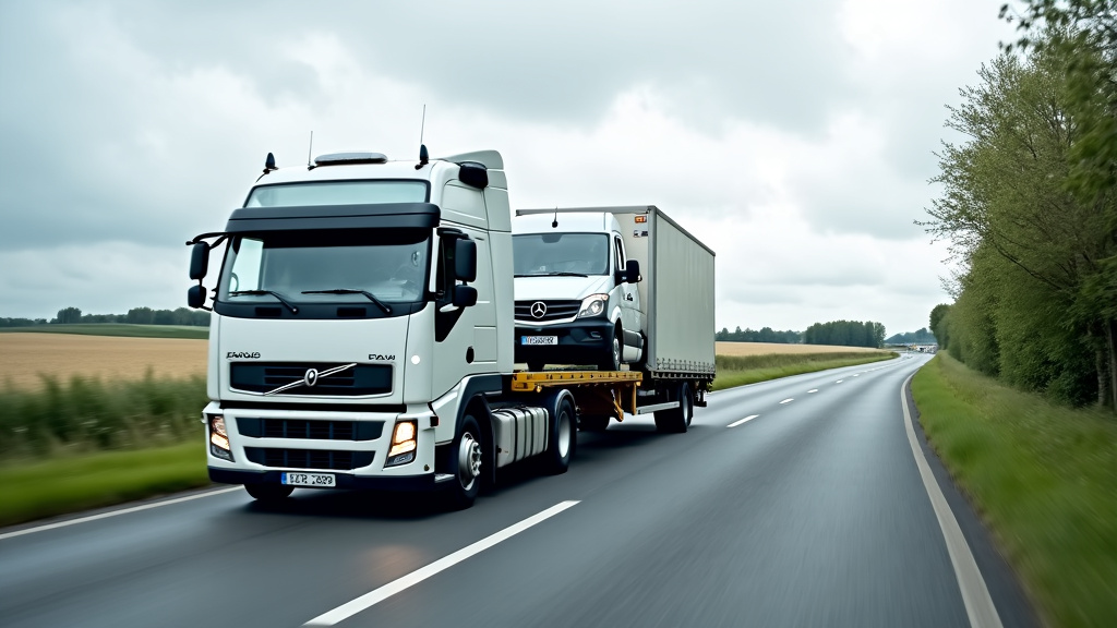 Un camion de dépannage remorque une voiture en panne sur une route de campagne près de Blaringhem, sous un ciel légèrement nuageux, illustrant un service d