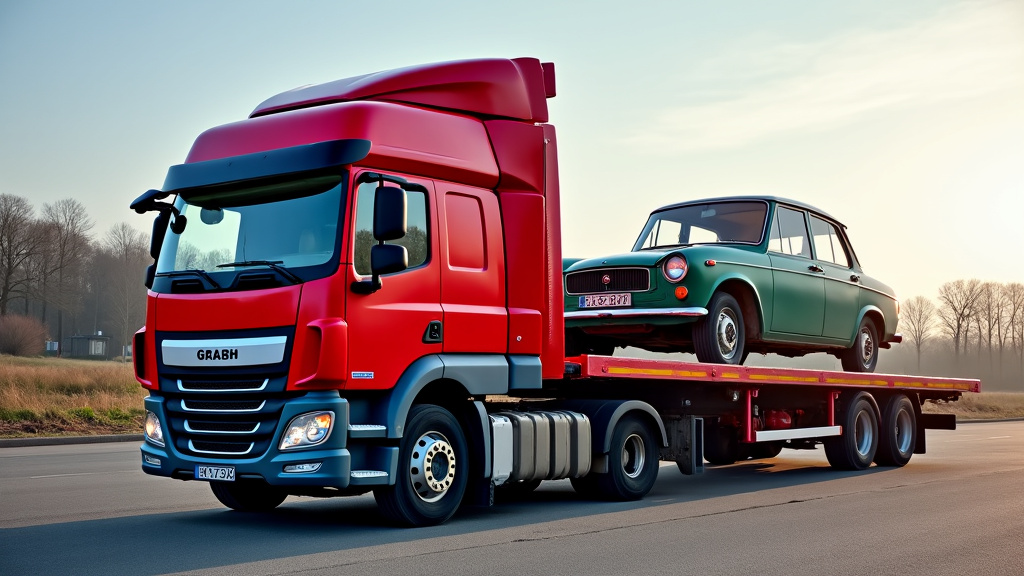 Un camion de dépannage rouge est en train de charger une voiture ancienne, rouillée et accidentée, sur sa plateforme à Roucy. L
