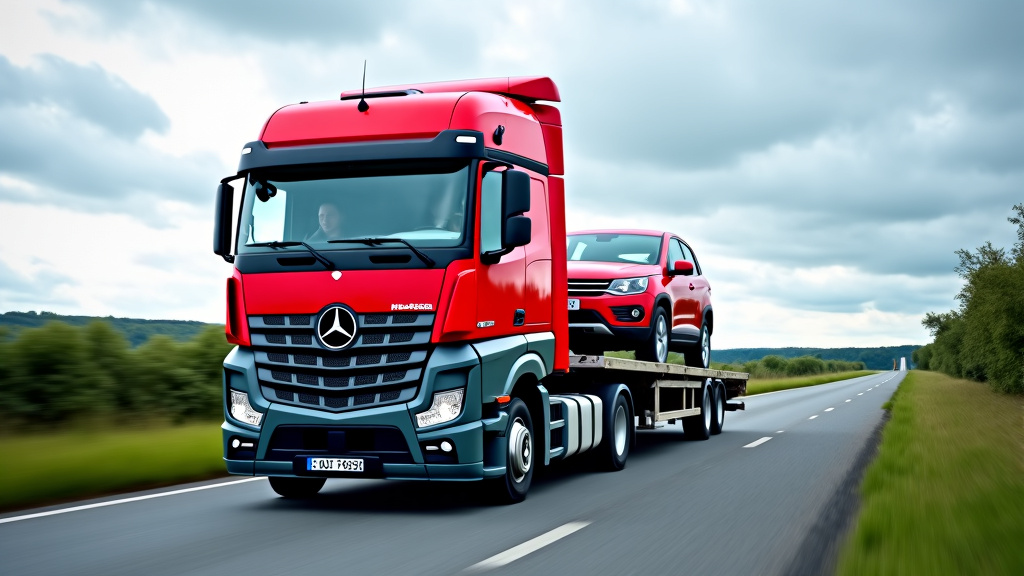 Un camion de dépannage rouge transportant une épave de voiture sur une route rurale, sous un ciel partiellement nuageux, illustrant le service d
