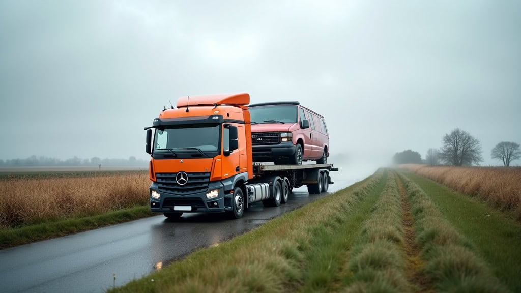 Un camion de dépannage transporte une épave de voiture dans une zone rurale près de Becquigny, sous un ciel nuageux.