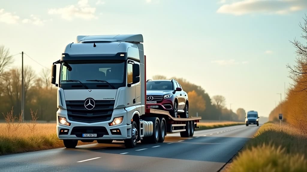 Un camion de dépannage transporte une épave de voiture sur une route de campagne, symbolisant le service d
