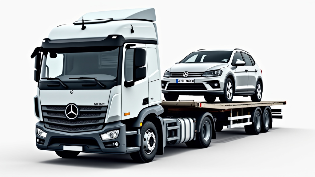 Un camion de dépannage transporte une épave de voiture vers un centre de recyclage, illustrant l