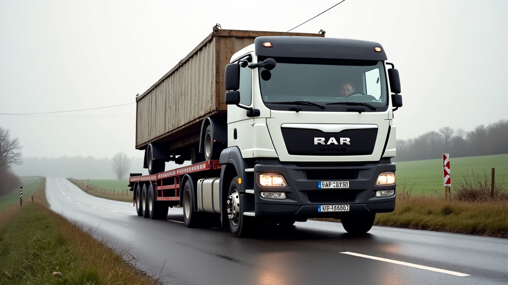 Un camion de remorquage charge une vieille épave de voiture rouillée sur son plateau, dans un environnement rural près de Bettignies.
