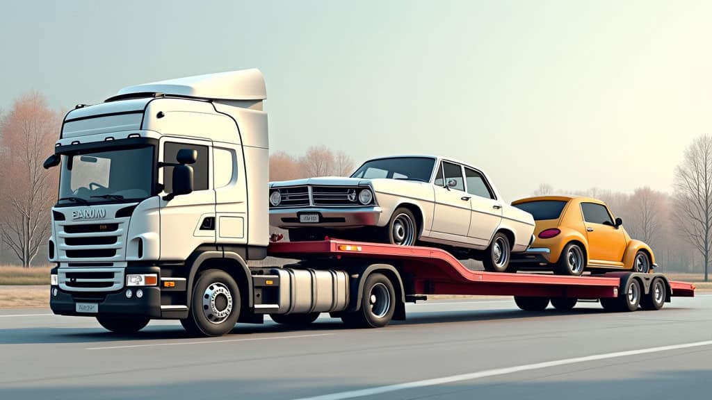 Un camion de remorquage chargeant une vieille voiture sur sa plateforme, symbolisant l