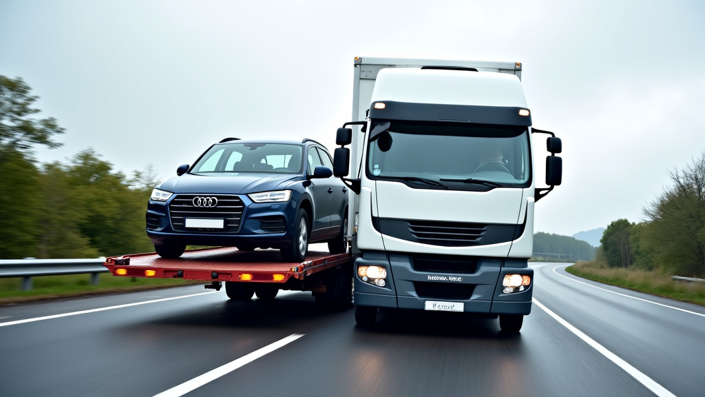 Un camion de remorquage épaviste chargeant une voiture accidentée sur sa plateforme, montrant l