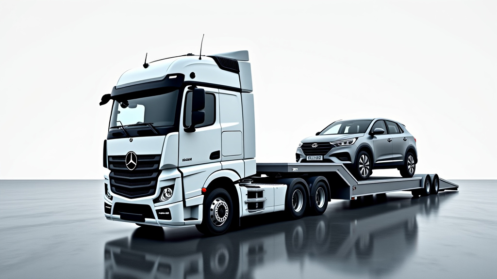 Un camion de remorquage moderne et équipé en train de charger une épave de voiture sur sa plateforme. L