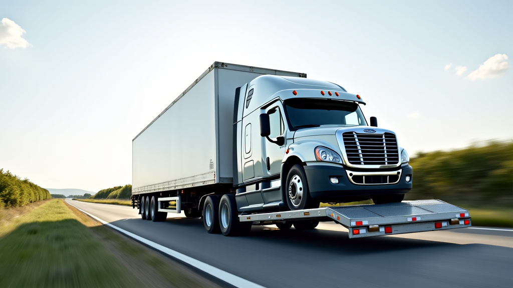 Un camion de remorquage moderne et propre, transportant une épave de voiture sur son plateau, circulant sur une route de campagne.