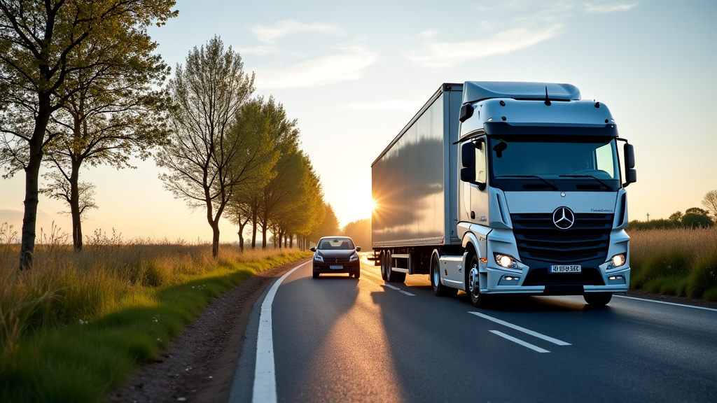 Un camion de remorquage professionnel charge une épave de voiture sur une route de campagne, avec des arbres en arrière-plan sous un ciel dégagé, illustrant l