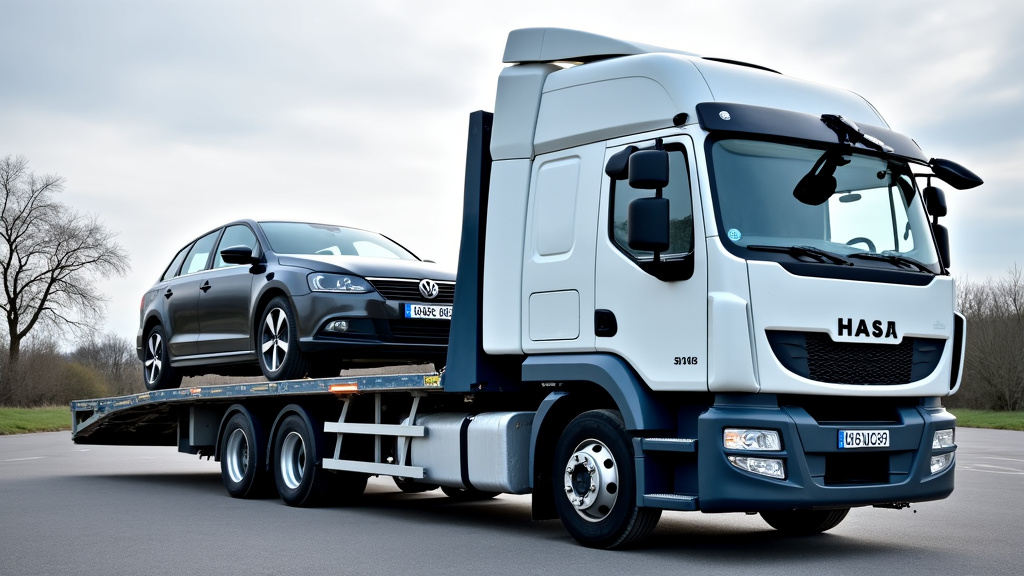 Un camion de remorquage professionnel chargeant une épave de voiture sur sa plateforme hydraulique, prêt à la transporter vers un centre de traitement agréé.