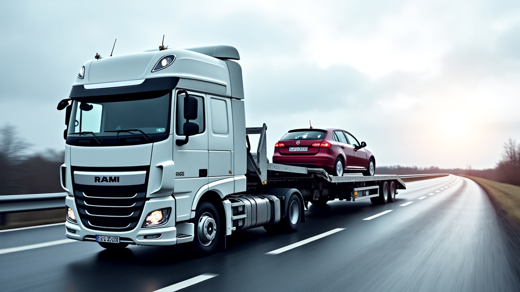 Un camion de remorquage professionnel en train de charger une voiture accidentée sur sa plateforme, symbolisant l