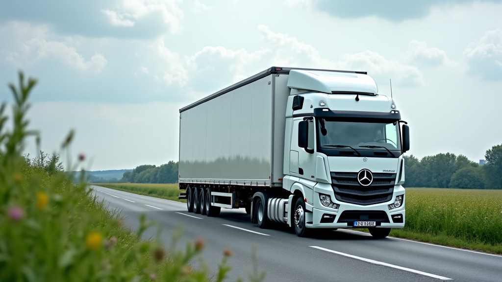 Un camion de remorquage professionnel transportant une épave de voiture sur une route de campagne, avec des champs verts en arrière-plan sous un ciel nuageux, illustrant le service d