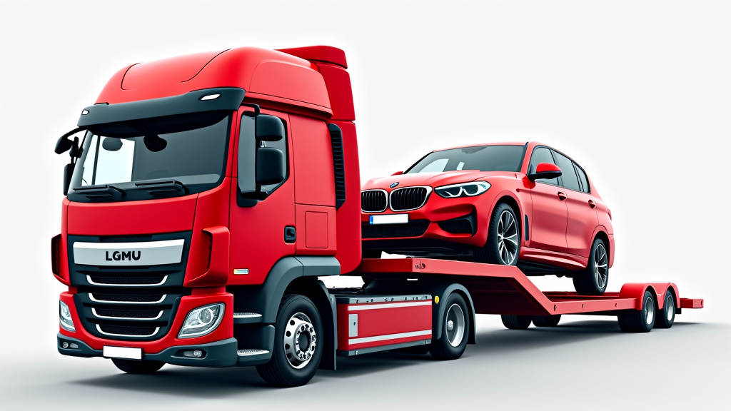 Un camion de remorquage rouge avec une épave de voiture à l