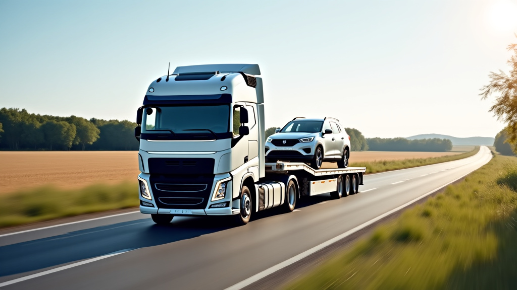 Un camion de remorquage spécialisé en train de charger une voiture épave dans un champ près de Remies, en vue de son transport vers un centre de dépollution et de recyclage.