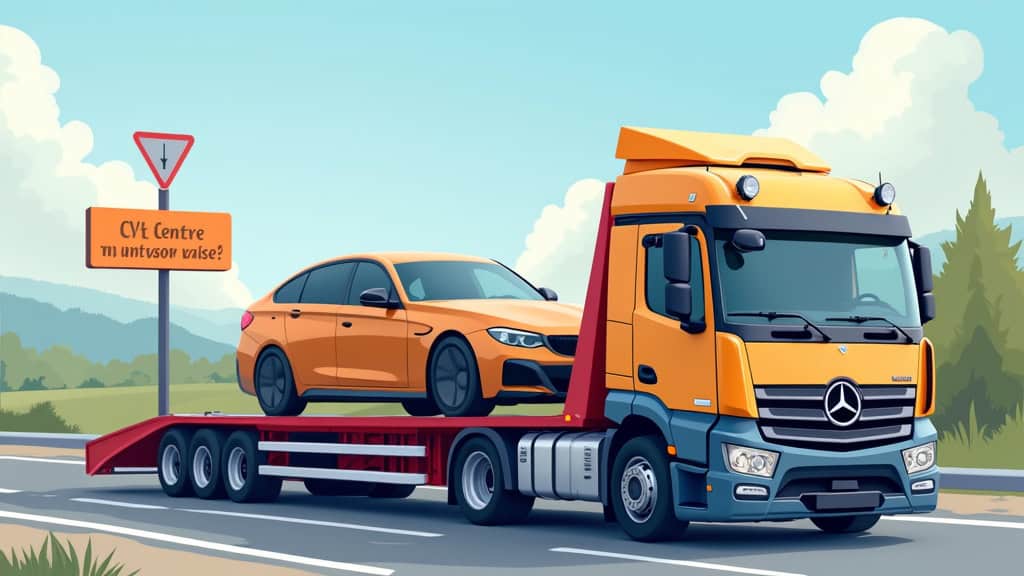 Un camion de remorquage transportant une épave de voiture, devant un panneau indiquant un centre VHU agréé, symbolisant l