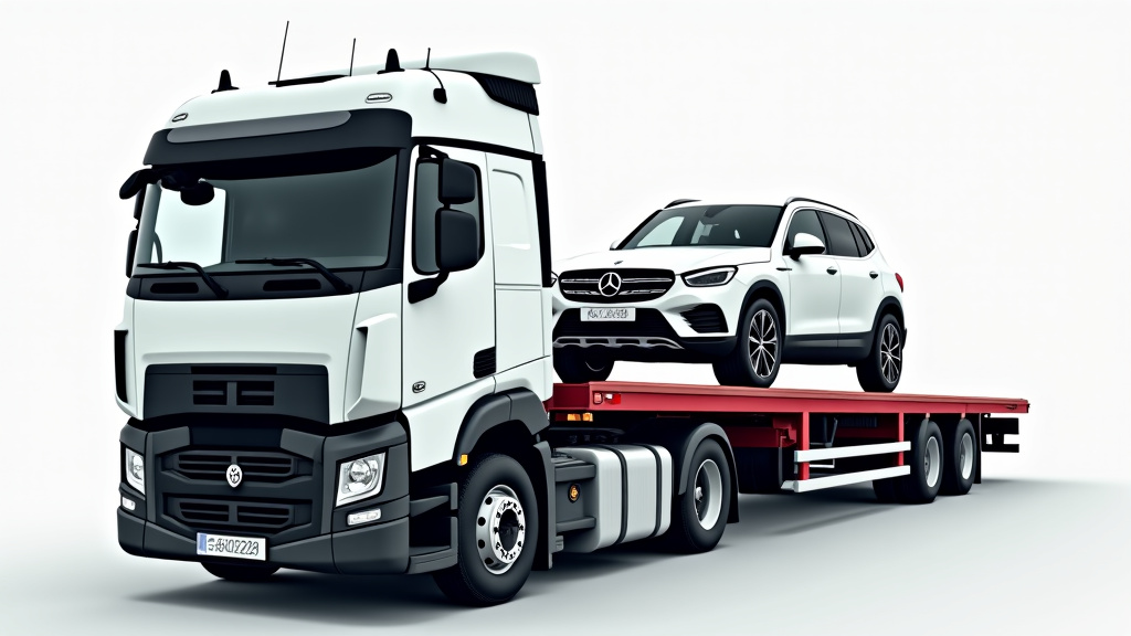 Un camion de remorquage transportant une épave de voiture rouillée, illustrant le service d