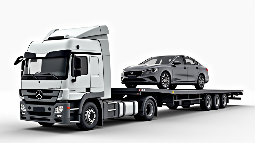 Un camion de remorquage transportant une épave de voiture rouillée, symbolisant l