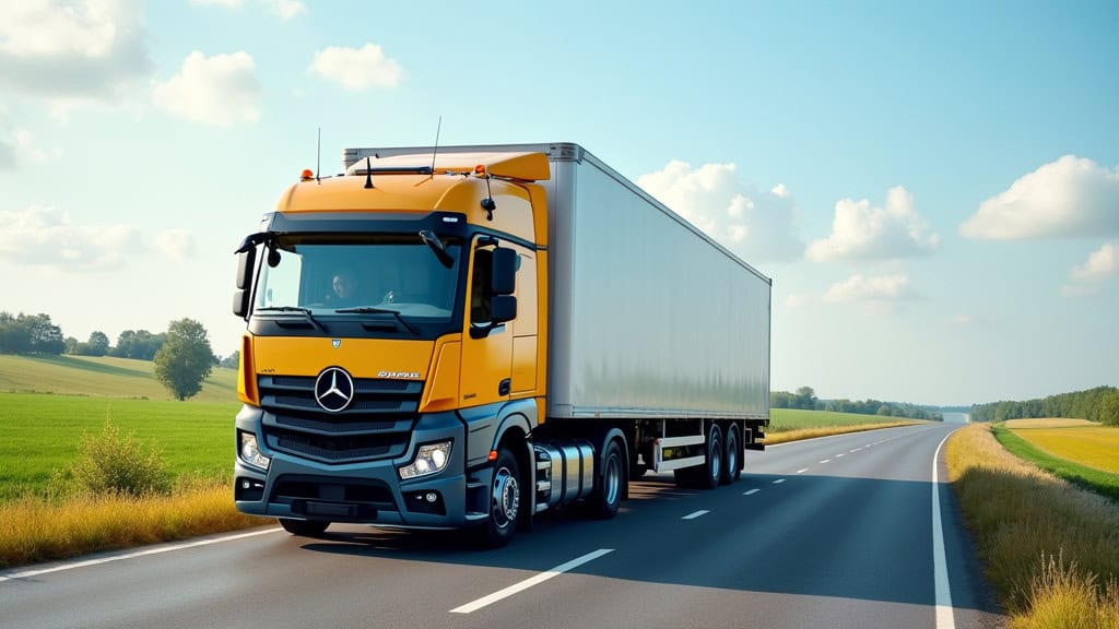 Camion de livraison Mercedes-Benz pour transports lourds sur autoroute.