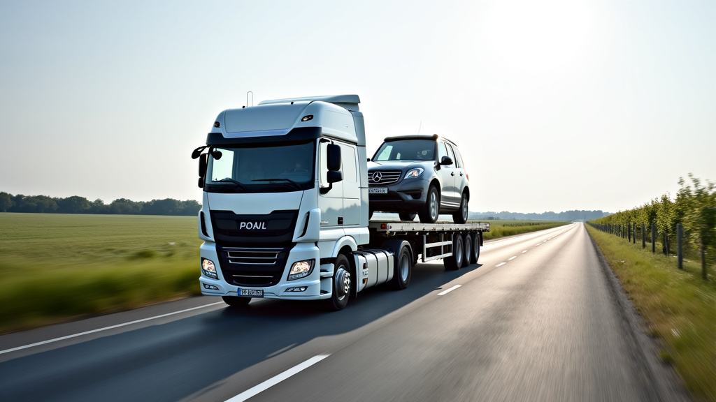 Un camion de remorquage transportant une épave de voiture sur une route de campagne, symbolisant l