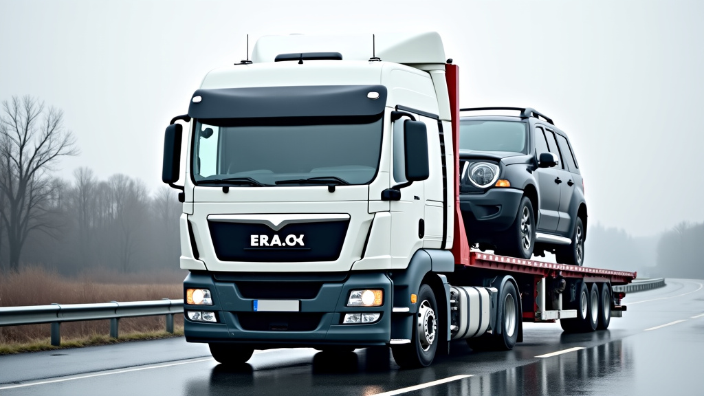 Un camion de remorquage transportant une épave de voiture vers un centre de recyclage, illustrant l