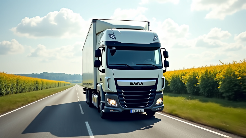 Un camion de remorquage transportant une épave sur une route de campagne, avec des champs en arrière-plan, symbolisant le service d