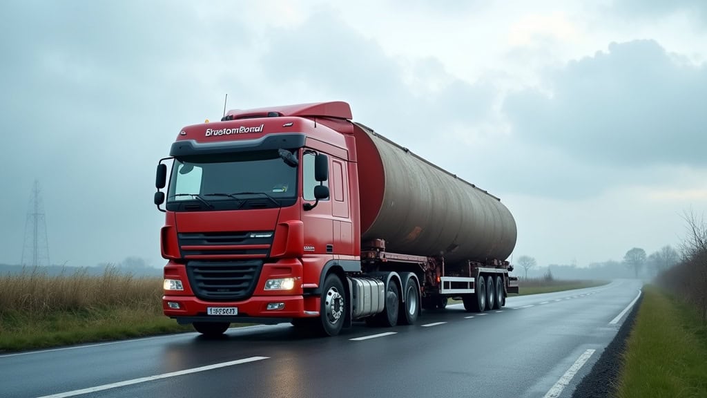 Un camion de remorquage transportant une épave sur une route dégagée près de Braine, sous un ciel légèrement nuageux.