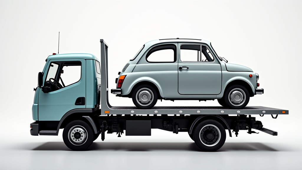 Un camion de remorquage transportant une vieille voiture pour un enlèvement d