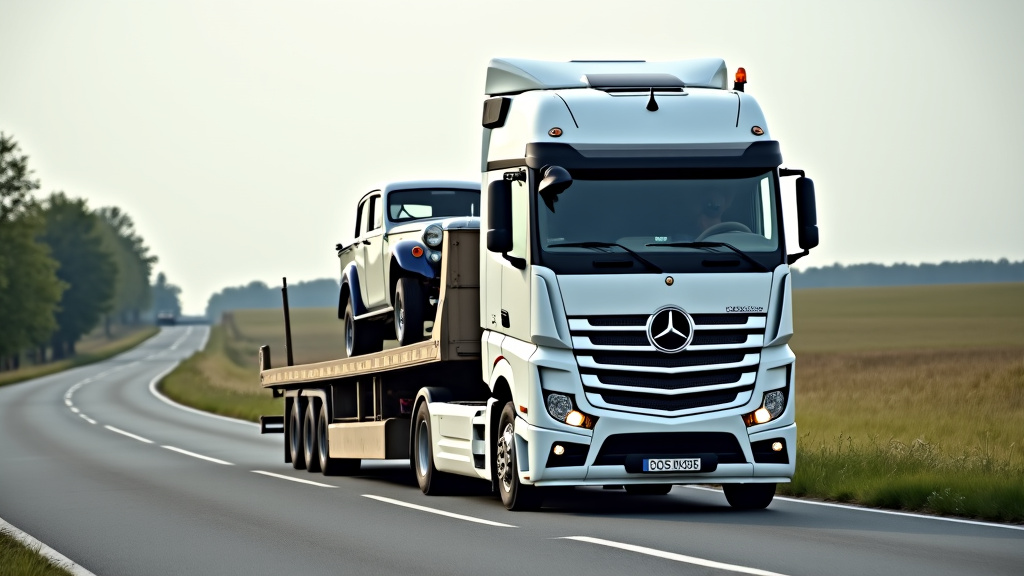 Un camion de remorquage transportant une vieille voiture sur une route de campagne, symbolisant le service d