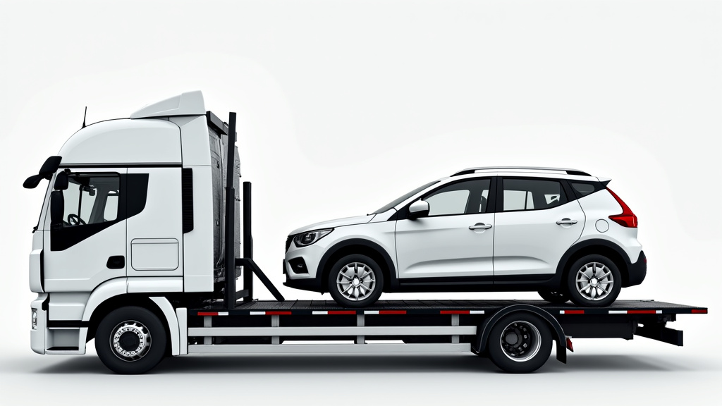 Un camion de remorquage transportant une voiture épave s