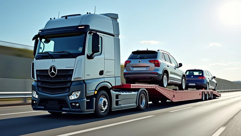 Un camion épaviste charge une épave de voiture sur sa plateforme, prêt à la transporter.